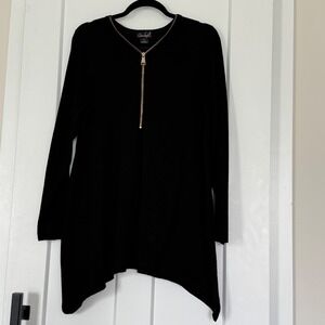 Black Sharkbite Tunic Top 1X Long Sleeve Gold Zipper Asymmetrical Hem